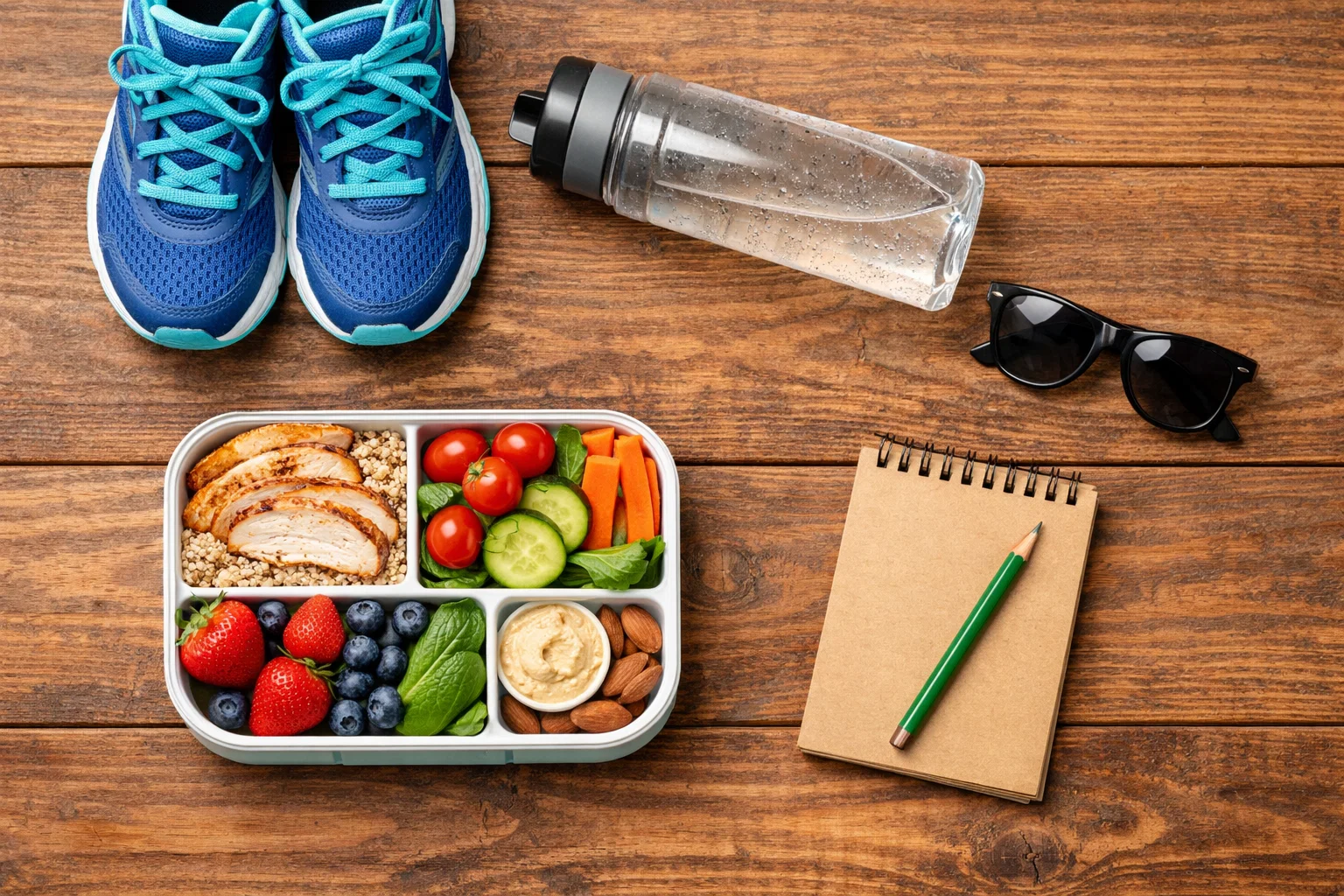frische Lebensmittel und ein Blutdruckmessger&auml;t auf einem hellen Holztisch, warmes Tageslicht, Lifestyle-Fotografie