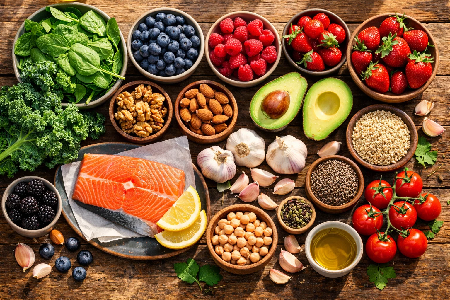 Draufsicht auf bunte frische Lebensmittel auf einem Holztisch, Blattgem&uuml;se, Beeren, N&uuml;sse, Avocados, Lachs, nat&uuml;rliches Licht, frische Zutaten